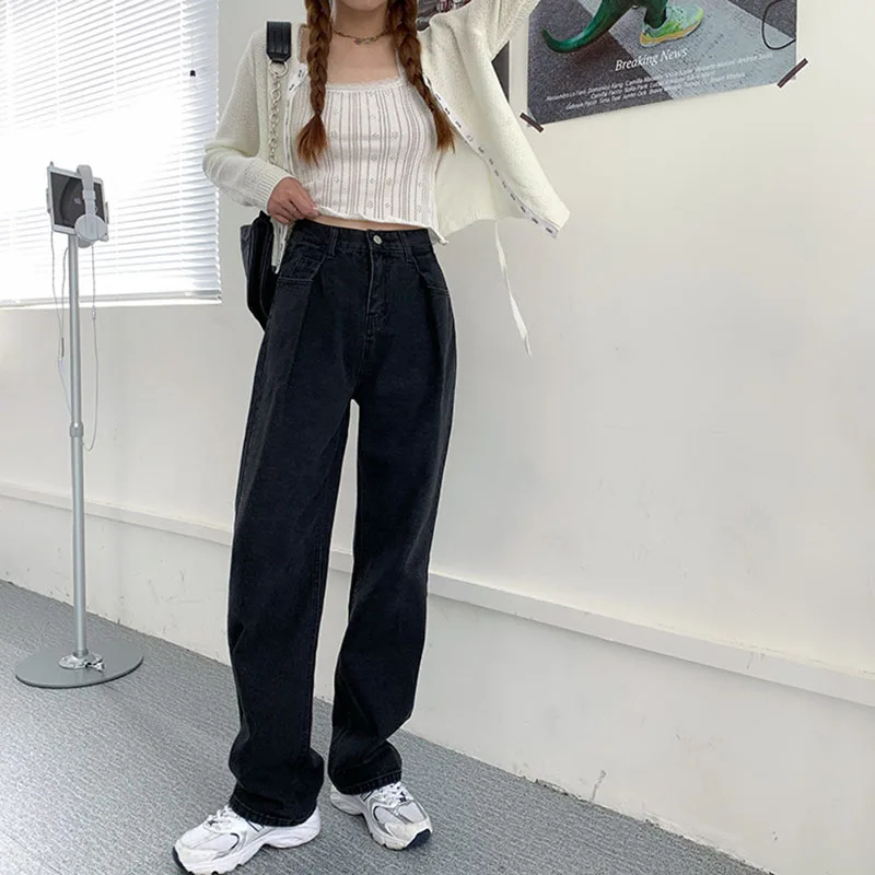 Джинсовые брюки с завышенной талией и широкими штанинами женские осенние