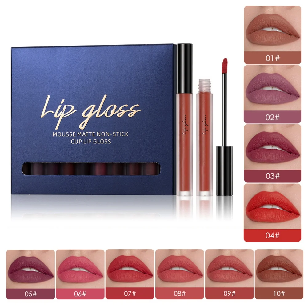 

10pcs Matte Liquid Lipstick Set Long Lasting Wearing Non-stick Cup Lip Gloss Suit Not Fade Lip Glaze Kit for Women