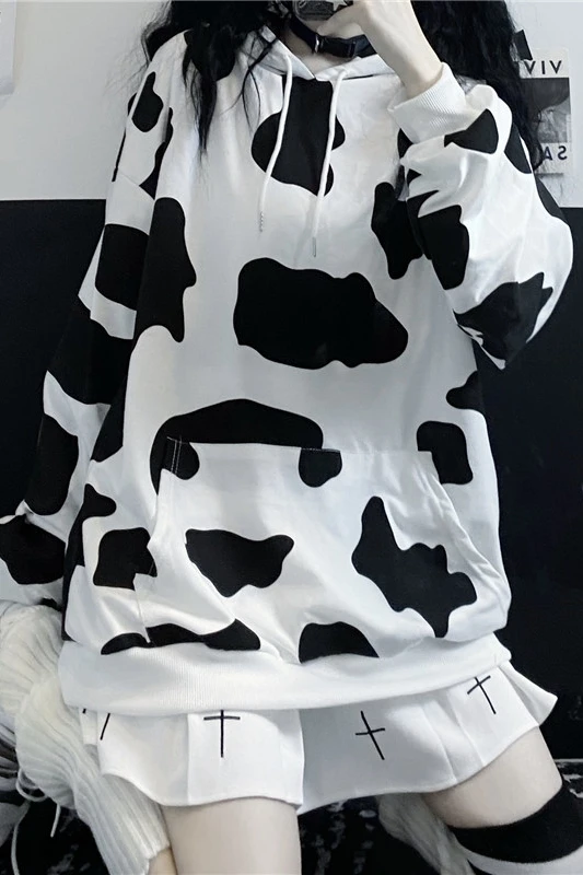 

Ins Cow Print Clothes Women Plus Size Sweatshirt for Girl Long Sleeve Hoodies with Hood Harajuku Style Women Clothing AA019S50