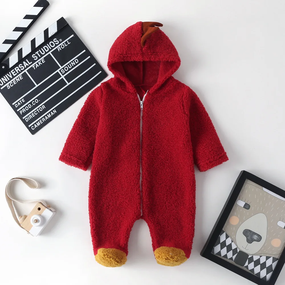 Infant Newborn Baby Thick Coral Fleece Footies Dinosaur Long Sleeve Hooded Jumpsuit Autumn Winter Warm Girls Boys White/Red/Blue | Детская