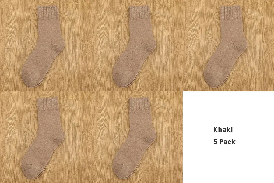 Khaki 5 pack 5 пар/компл. зимние шерстяные носки для Для женщин, толстые, теплые, мягкие, махровые Короткие носки женские Повседневное однотонные Цвет носки размеры 36–40 - Цвет: Khaki 5 pack