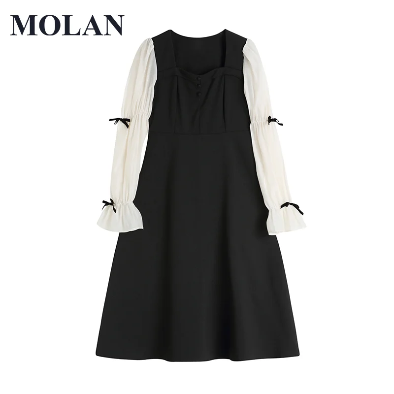 

MOLAN Sweet Woman French Elegant Dress Vintage Square Collar Long Sleeve Retro Summer Long Dress Black Female Chic Vestido