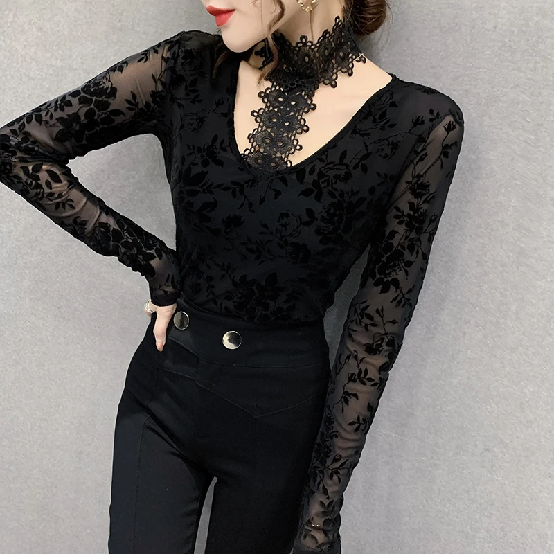 

2021 Spring Autumn Women Long Sleeve Black Mesh T-shirt Female Clothing Sexy Hollow Out Lace Blouses Plus Size M-3XL Tops