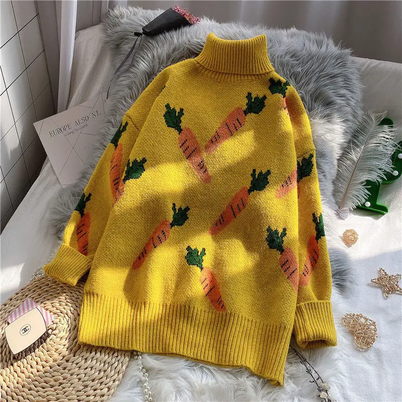 EBAIHUI Knitted Sweater Women Carrot Pattern Long Sleeve Pullover Loose High-necked Blue Yellow Autumn Winter 2020 | Женская одежда