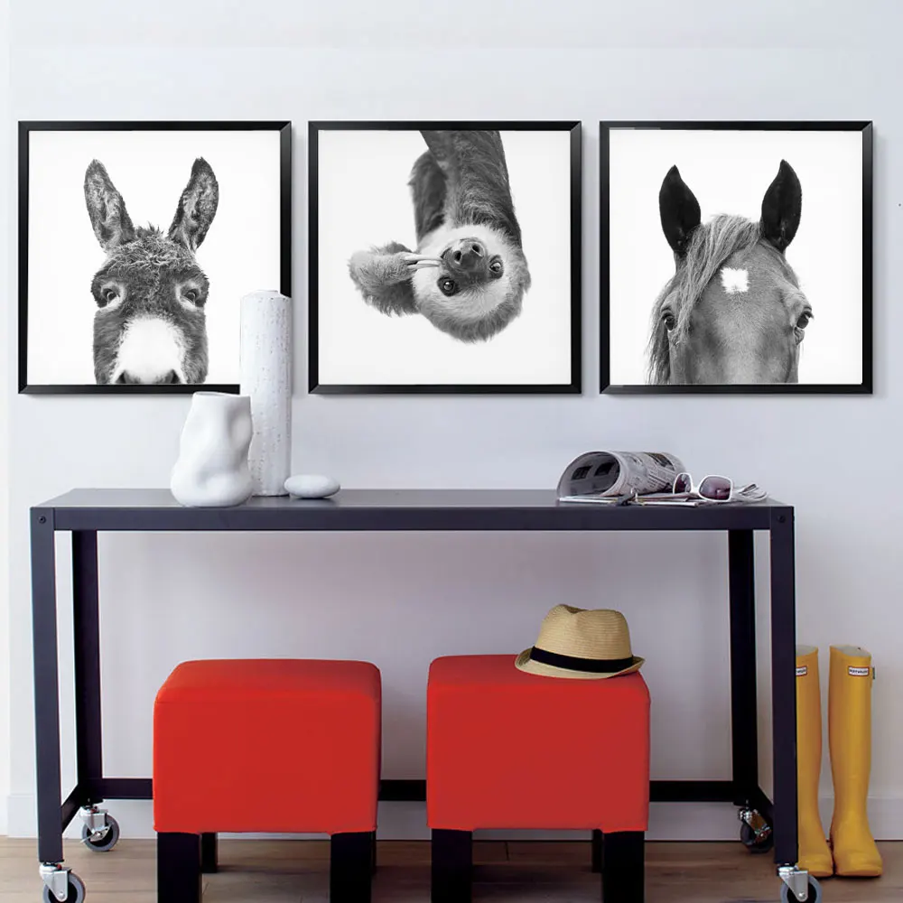 Живопись Холст Картина модные Черный и белый Ослик лошадь плакат с ленивцем