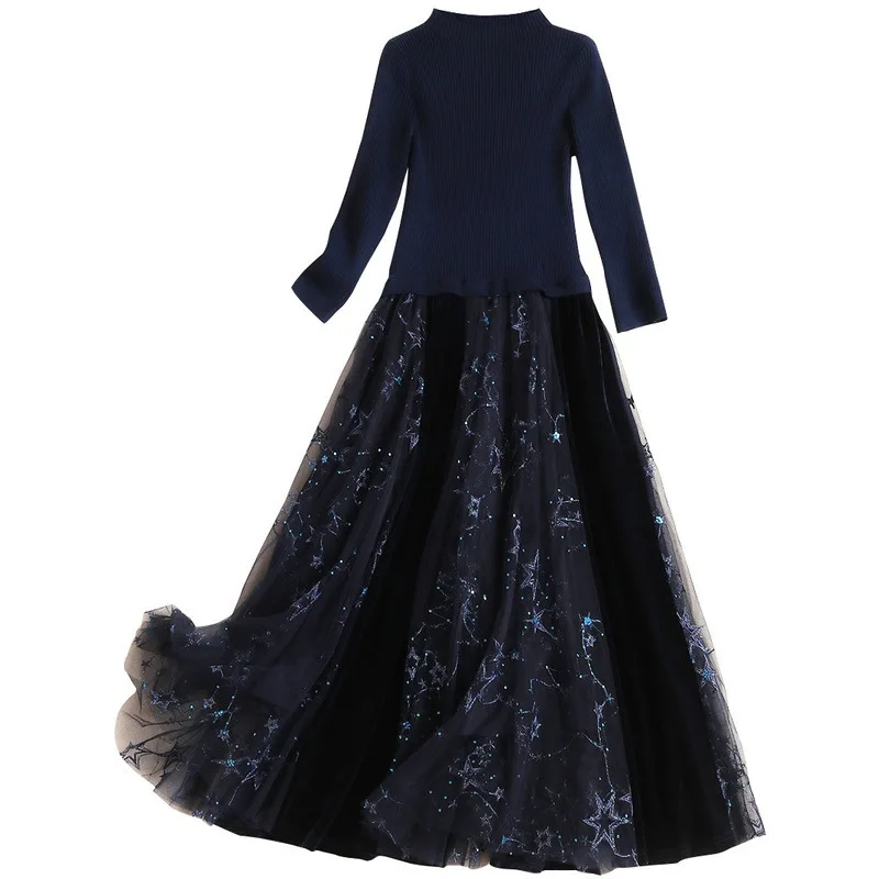 

Velvet Dress Autumn Dress Stitching Mesh Embroidery Dress Sweater Dress Women Dress Gold Floral A-Line Office Lady Full O-Neck