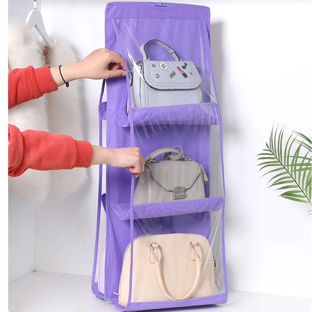 6 Pocket Clear Handbag Hanging Storage Bag 3 Layer Foldable Anti-dust Organizer Hanger Sanitary Pouch Wardrobe Closet Rack Bags | Дом и сад