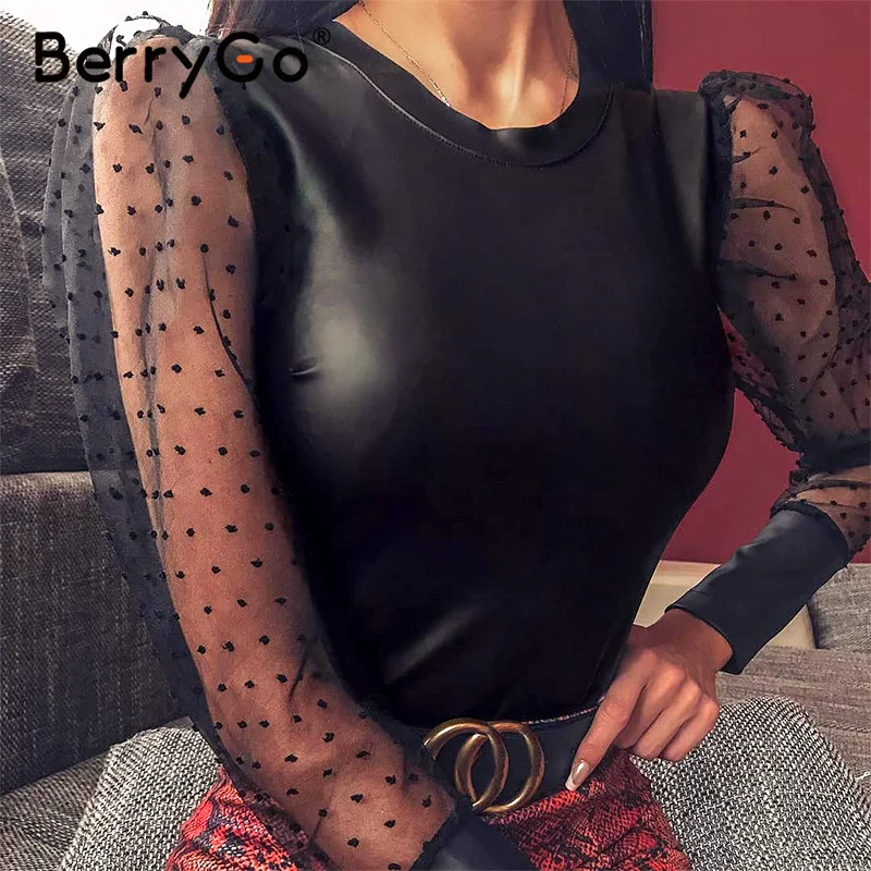 BerryGo сексуальный сетчатый боди с длинным рукавом женский черный кожзам в горошек