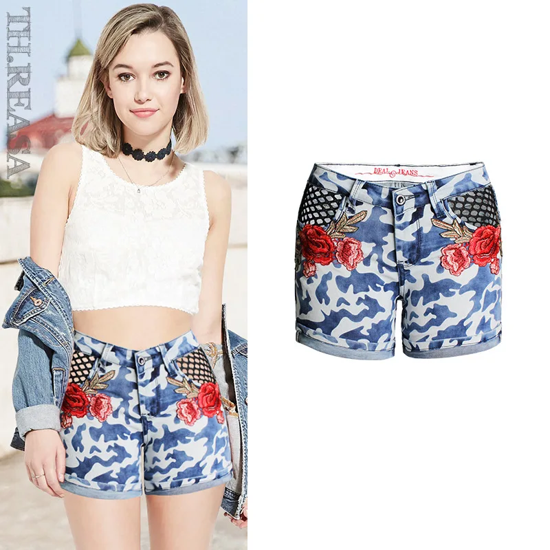New Summer Women's Floral Embroidered Shorts with Holes In Water Wash Jeans Camouflage Mesh Shorts
