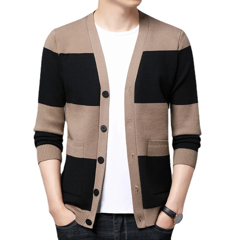 New Loose Cardigan Trendy Striped Cardigan Shirt Men Korean Fashion Color Contrast Pocket Knit Cardigan Sweater Plus Size S-3XL