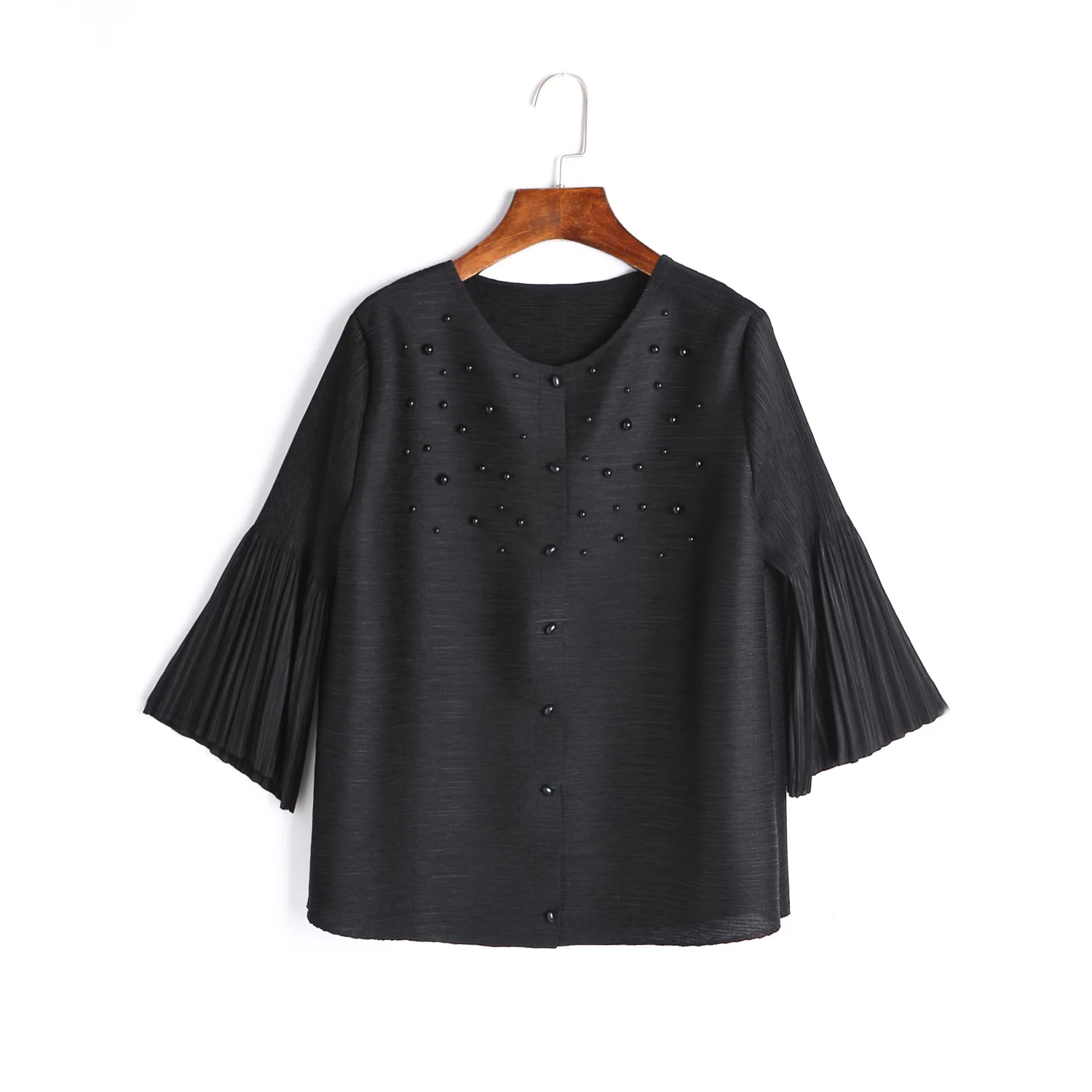 

LANMREM beading pleated tops famale 2020 Autumn new single breasted flare three quarter sleeve short style jacket women YJ487