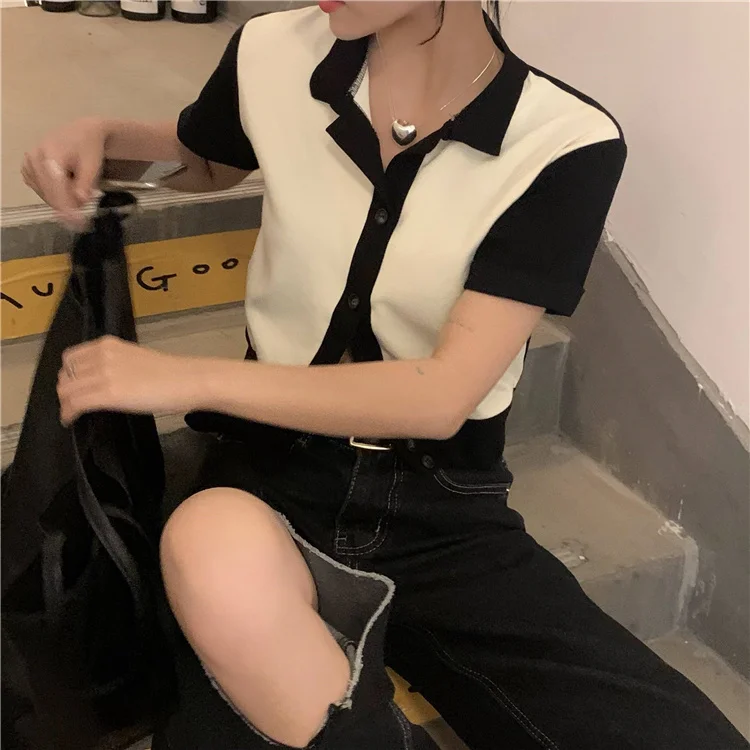 Minority T-shirt Color Contrast Short Sleeve Women's Summer French Loose And Versatile Thin Polo Top |