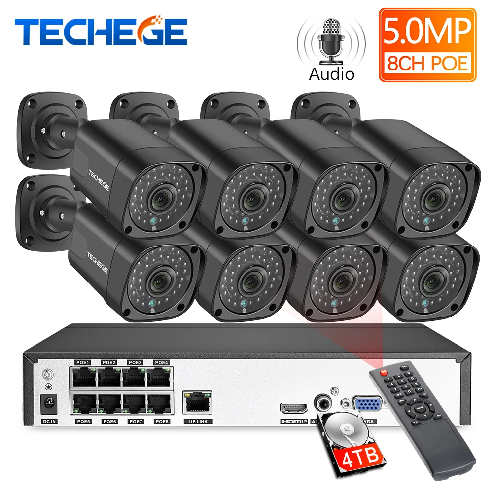 Techege 5MP аудио POE Комплект H.265 система 8CH CCTV безопасности NVR Крытый Открытый водонепроницаемый IP камера видеонаблюдения Сигнализация видео система