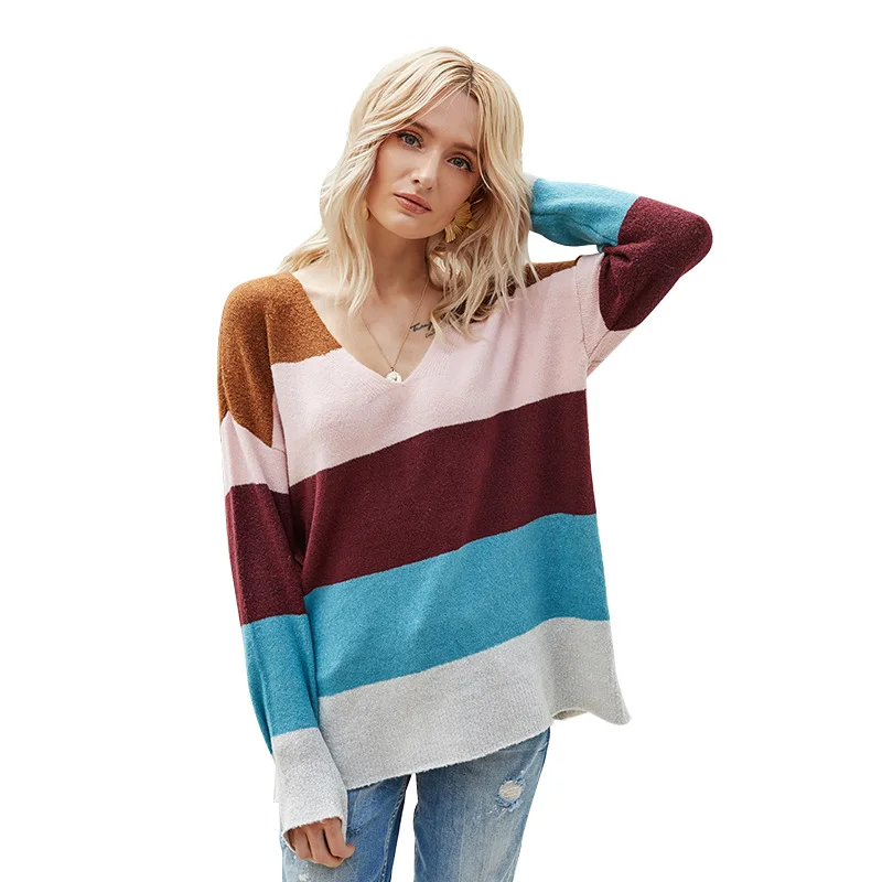 

Fashion Women Pullovers Sexy Backless Loose Knitted Sweater Striped Color Long Sleeve Casual V-Neck Female Clothing New Arrival