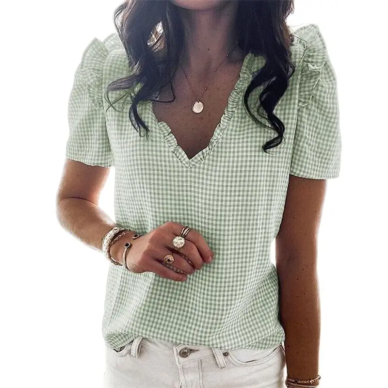 

2021 New Factory Price Women Summer Short Sleeve Blouse Ruffle Sexy V-neck Shirt Casual Women Clothes Drop Shipping