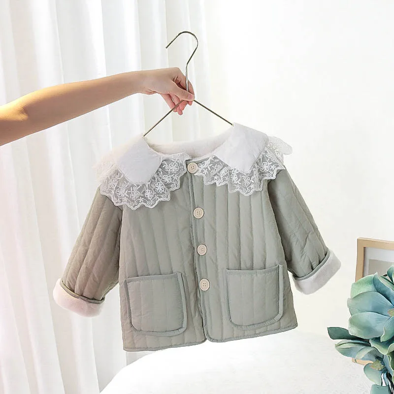 

Menoea/куртка для маленьких девочек; Новинка 2021 года; Модная зимняя одежда для новорожденных; Верхняя одежда с кружевным воротником; Детские пл...