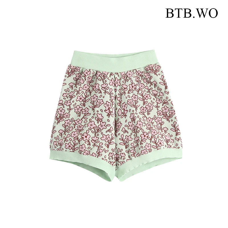 

BTB.WO 2021 Women Fashion Za Two Pieces Sets Jacquard Knitted Short Sleeve Sweater And High Waist Shorts 2 Pieces Set Women