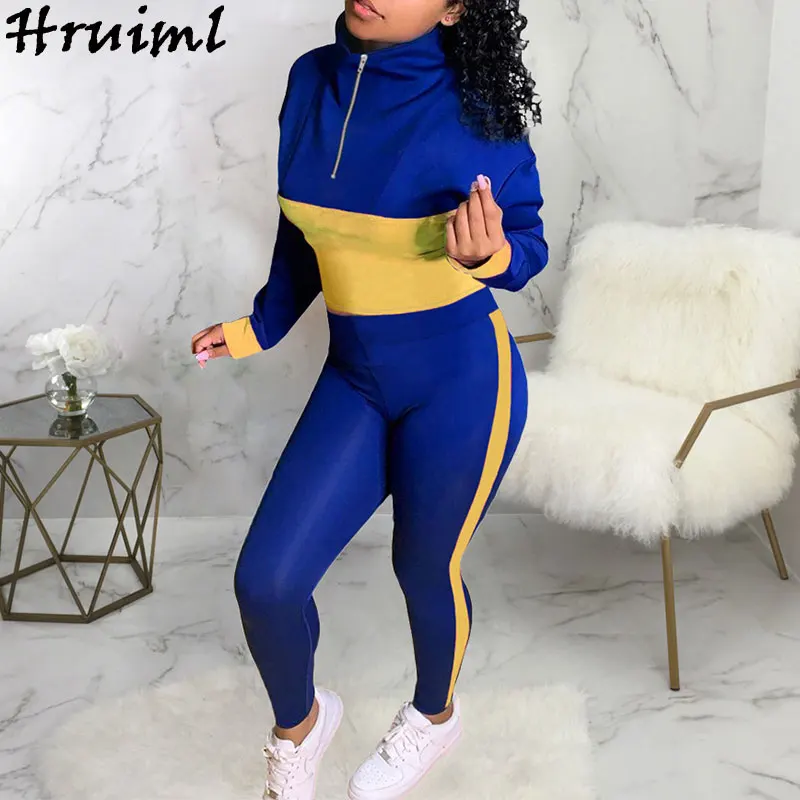 

Two Piece Set Women Regular Streetwear Straight Sleeve Casual Patchwork Holidays Turtleneck Elegant Zipper Women Ropa Mujer