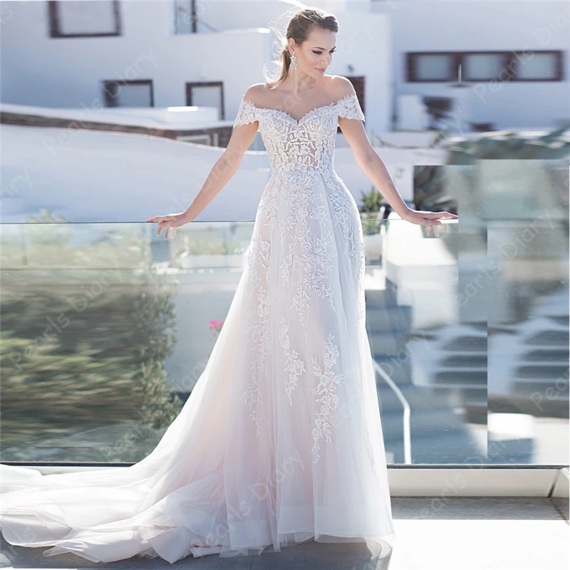 

Gorgeous Backless Sweep Train Bridal Gowns Sweetheart Off-the-shoulder Wedding Dresses Bride Lace Appliques Dress Robe De Mariee