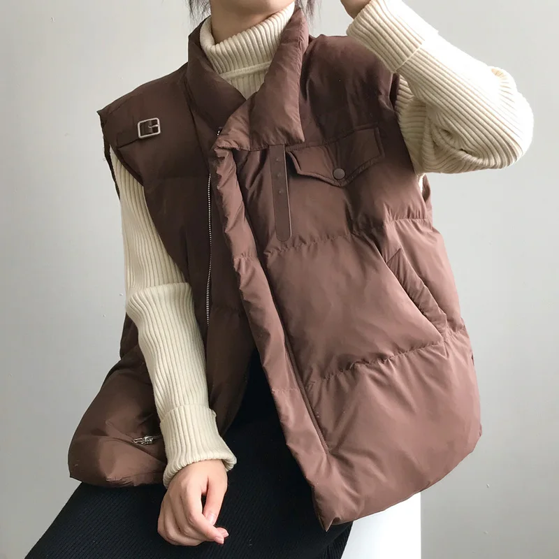 2021 зимние женские Теплый однотонный жилет с воротником стойкой ветрозащитный