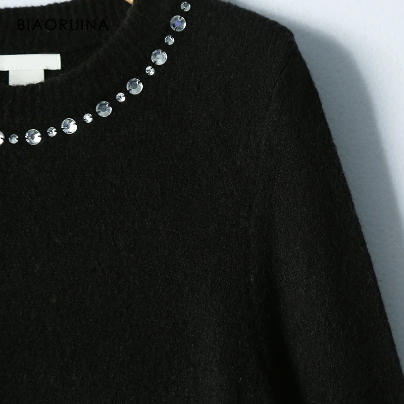 BIAORUINA Для женщин стразы черного цвета с круглым вырезом вязаный свитер женский