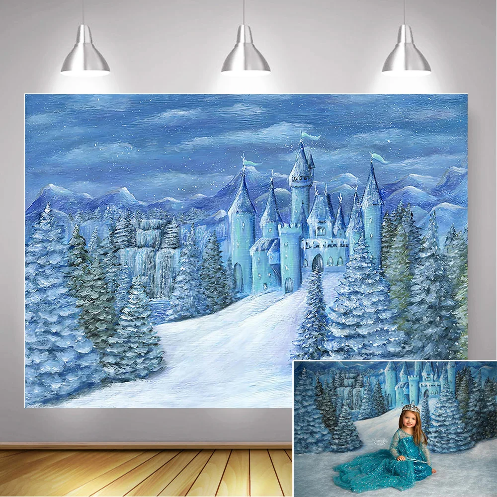 

Фон для фотосъемки с изображением голубого замка милой девушки на день рождения художественный портрет зимний Снежный лес горы картина маслом текстурная фотография