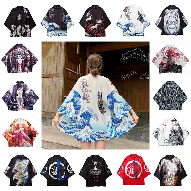 

Japanese Kimonos Thin Section Cardigan Seven-quarter Sleeve Shirt Women Men Loose Coat Woman Sunscreen Clothes Asian Clothes New