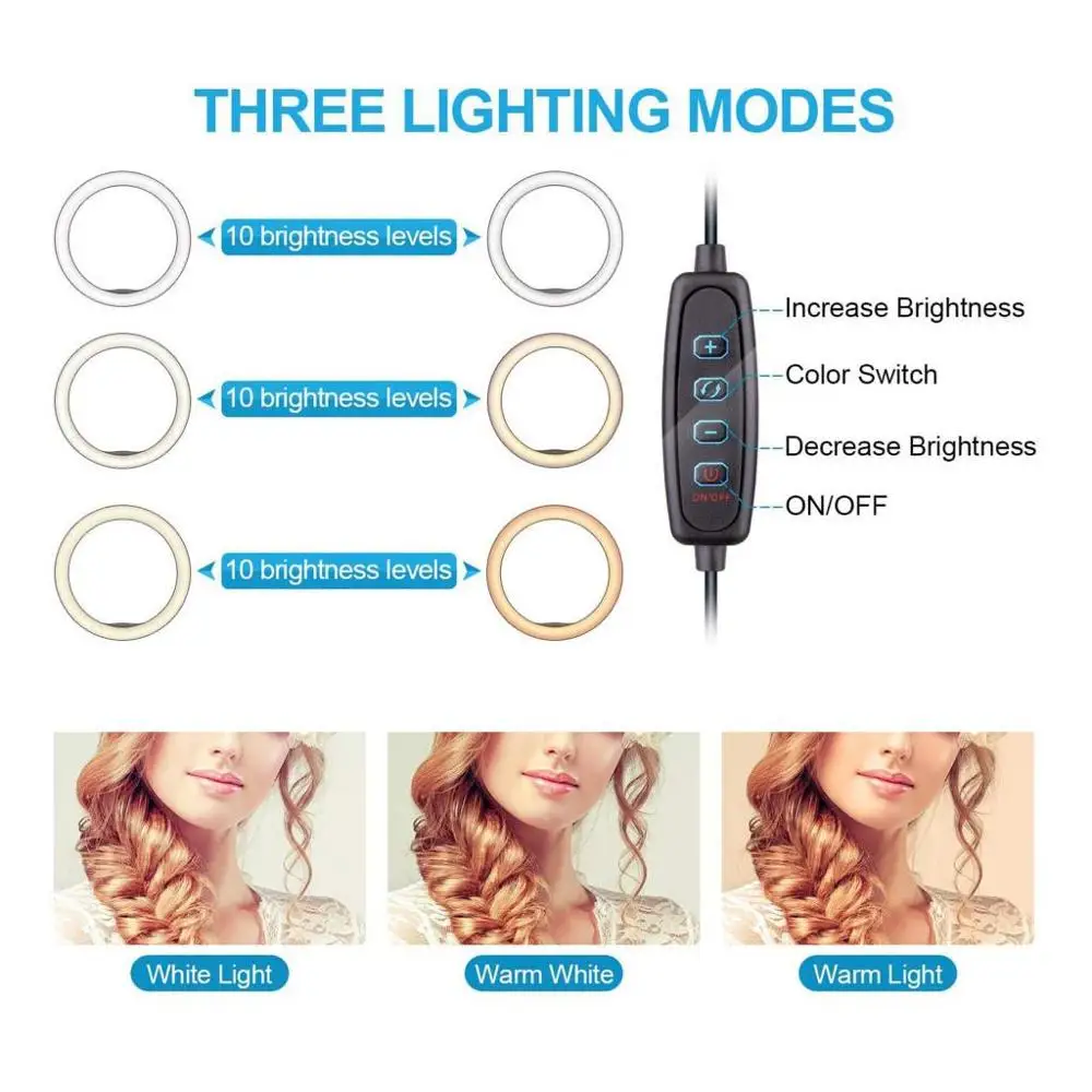 Светодиодный кольцевой фонарик 10 дюймов 3 цветной Регулируемый светодиод
