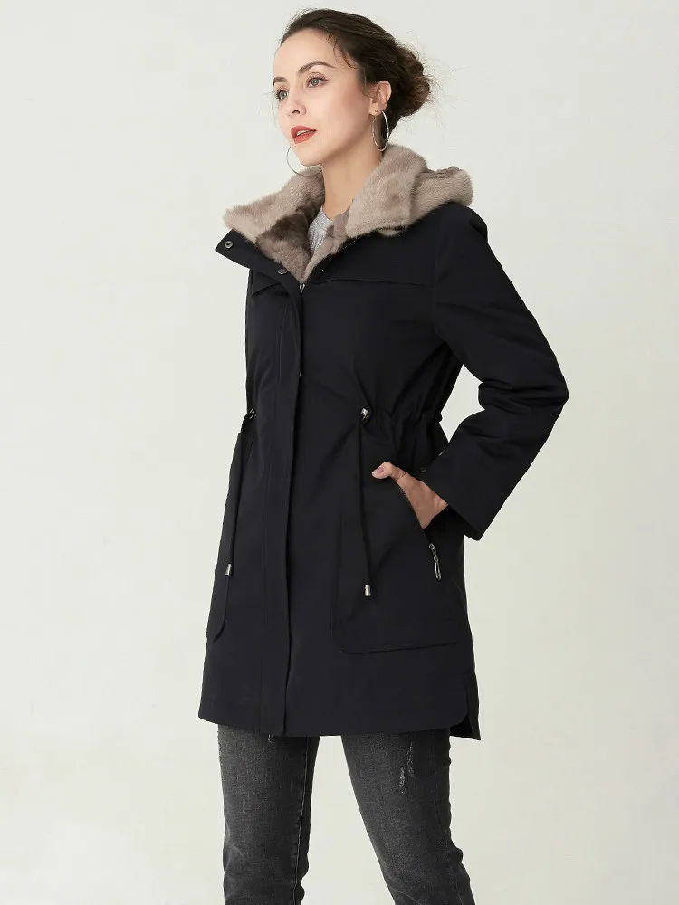 Женское пальто с натуральным мехом норковый меховой воротник капюшоном шуба из