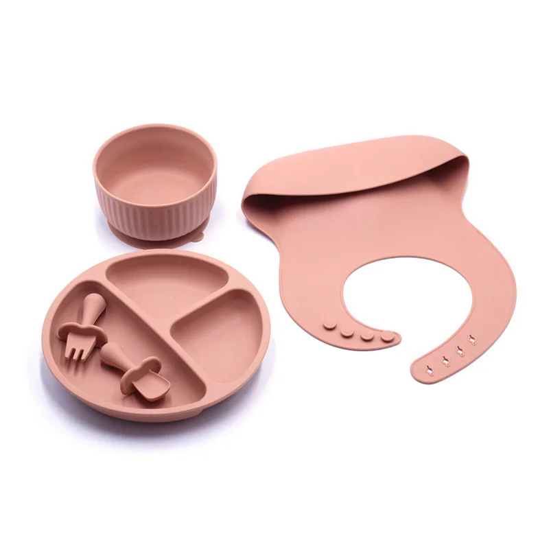 

5PCS/Set Baby Feeding Tableware BPA Free Food Grade Silicone Bowl Bib Placemat Fork Spoon Feeding Set Baby Supplies