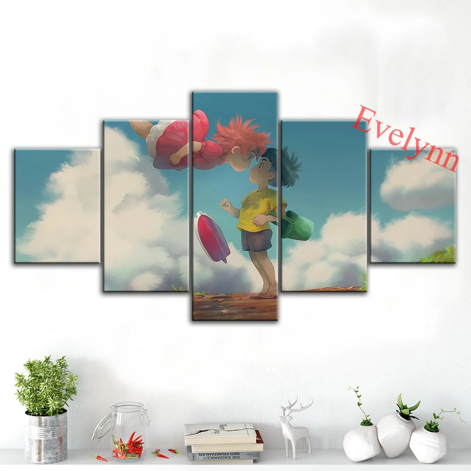 

Ponyo On The Cliff 5 Pieces Painting Anime Poster And Print Modern Canvas Wall Art Modular Pictures Living Room Home Decor Frame
