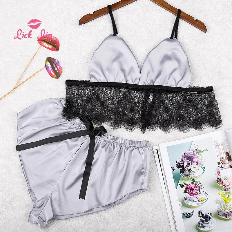 

Пижамный комплект с кружевной отделкой в виде лифа и губ, Женская Сексуальная атласная пижама с бантом, летний комплект нижнего белья, корот...