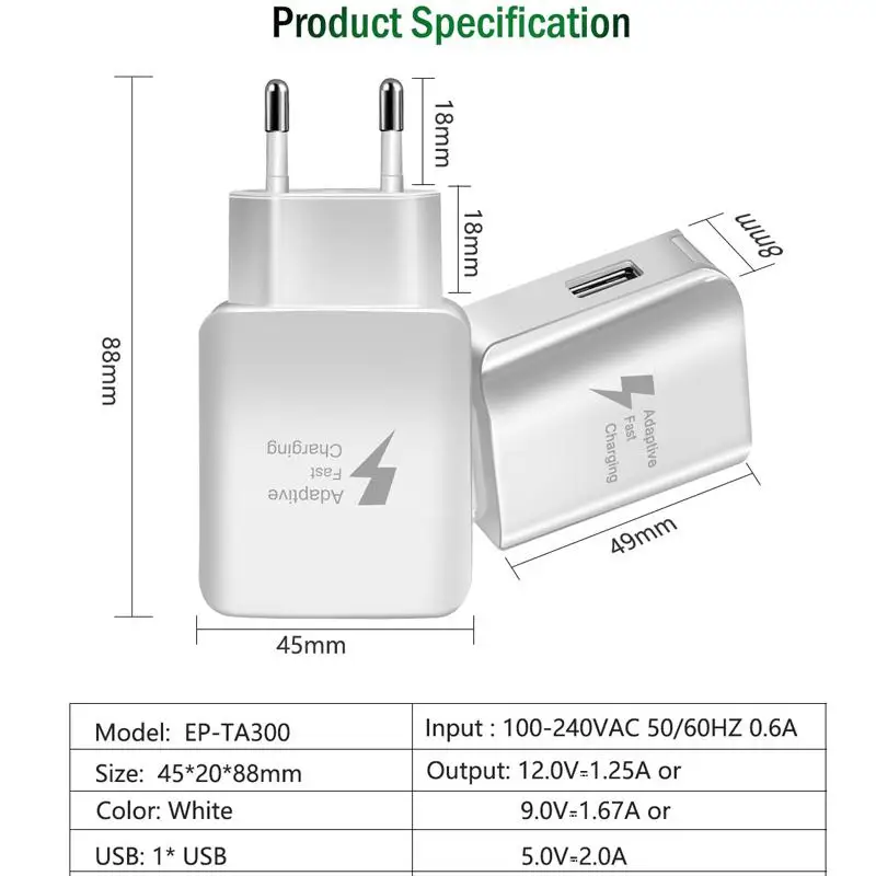 USB-адаптер для быстрой зарядки 9 В 1 67 А кабель Type-C Samsung S10 S8 S9 A50 Huawei P20 lite P30 Pro Redmi K20 |