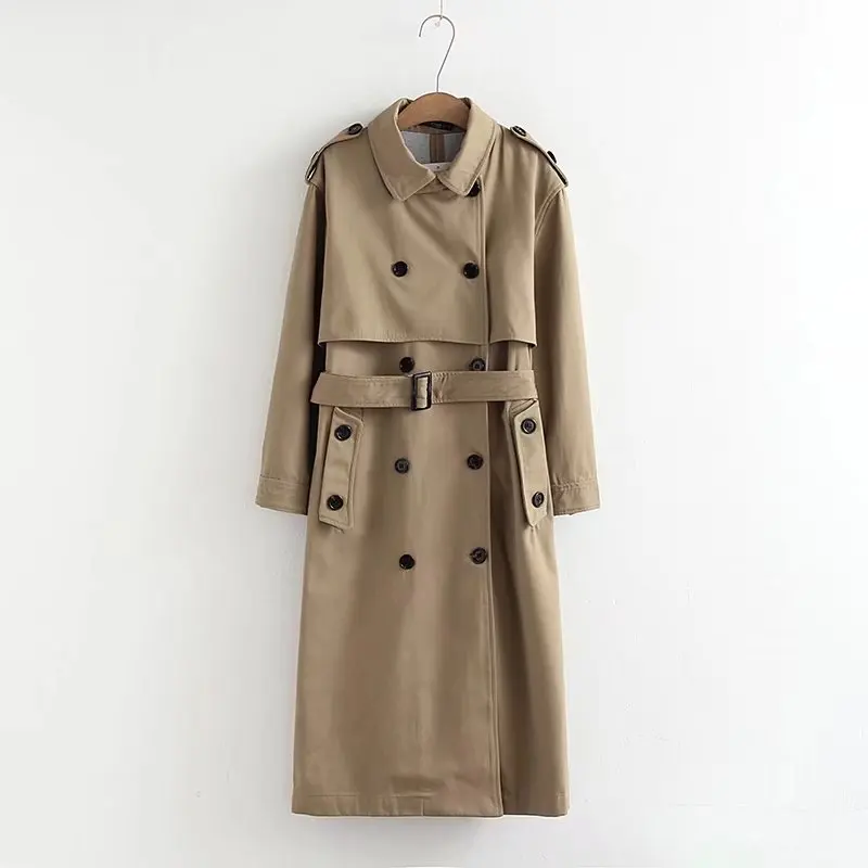 

Women Khaki Long Trench Coat With Sashes Buttons 2021 Autumn Winter Office Ladies Turndown Neck Loose Outwear Double Breasted