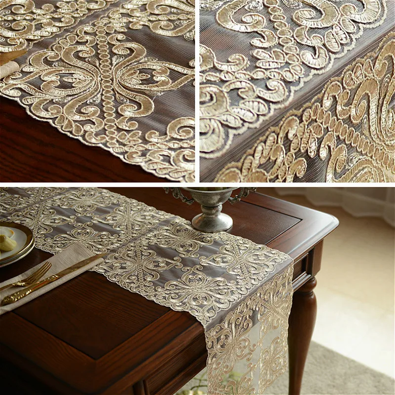 

European Style Lace Embroidery Champagne Gold Table Runner LCD TV Cabinet Piano Cover Cloth Christmas Wedding Party Decoration
