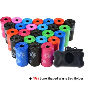 Pet Poop Bags Disposable Dog Waste Bags, Bulk Poop Bags with Leash Clip and Bone Bag Dispenser 5Roll(75Pcs) Bags with Paw Prints 1