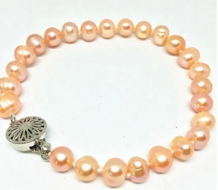 Горячая натуральный 8-9 мм Розовый Пресноводный Культивированный жемчуг браслет 7
