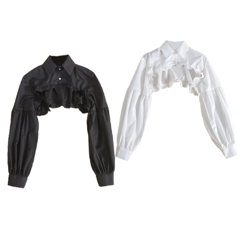 

New Women Puff Long Sleeve Half Top Blouse Ruffled Edge Golden Button False Collar