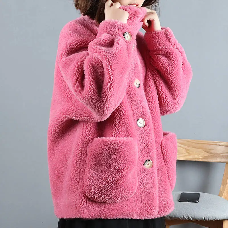 rose red Новинка, осенне-зимнее женское пальто из натурального меха, оторочка из овечьей шерсти, куртка, женская овечья шерсть, плотное теплое короткое пальто, A62 - Цвет: rose red