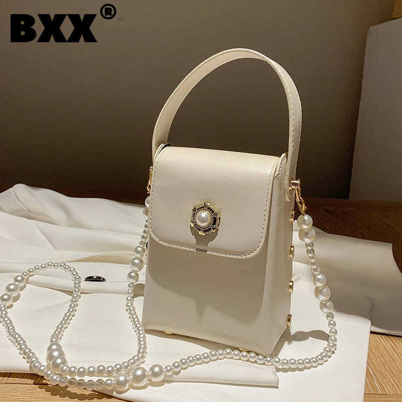 

[BXX] Simple Pearl Chain PU Leather Crossbody Bags For Women 2021 Autumn Branded Shoulder Bag Trending Luxury Hand Bag HS994