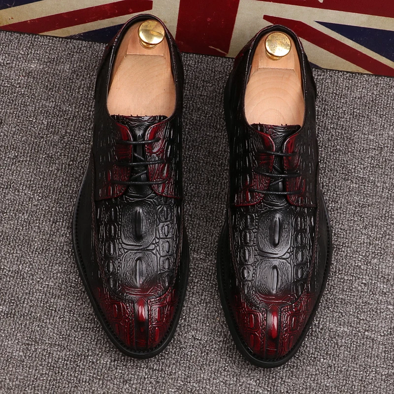 

men's fashion punk nightclub dresses cow leather shoes alligator grain oxfords shoe breathable young sneakers chaussures hommes