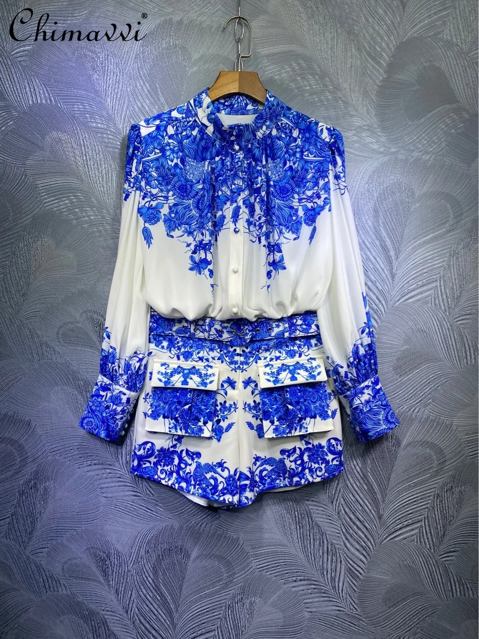 

Retro Fashion Women Stand Collar Printed Long-Sleeved Shirt High Waist Slimming Pocket Shorts Two Piece Suit