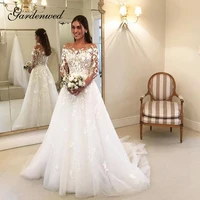 elegant lace appliques sweetheart a line wedding dresses sheer neckline long illusion sleeves tulle bridal gowns
