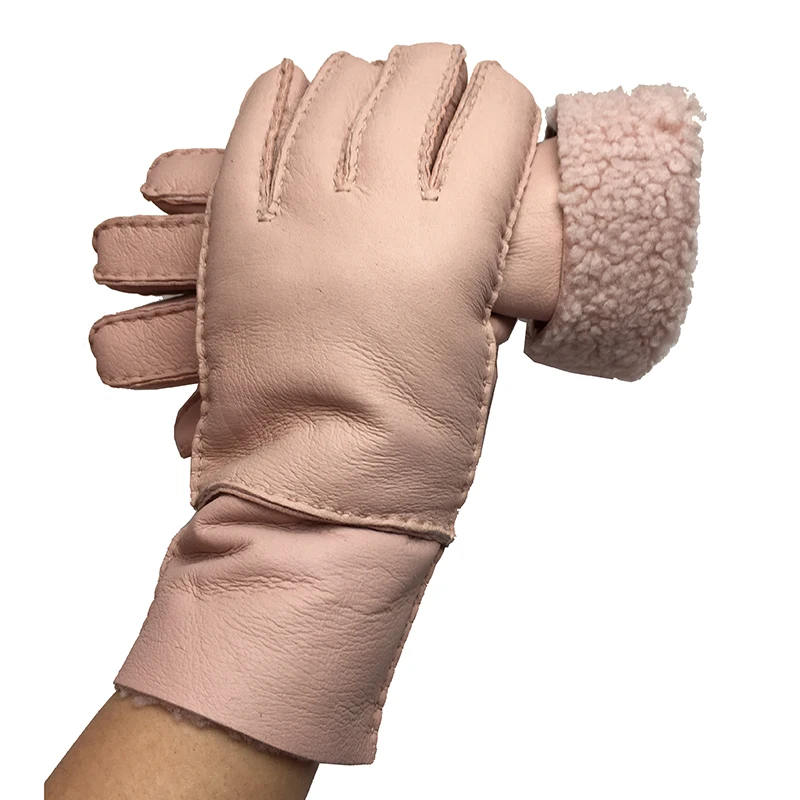 Зимние женские кожаные перчатки розовые шерстяные из натуральной овечьей кожи