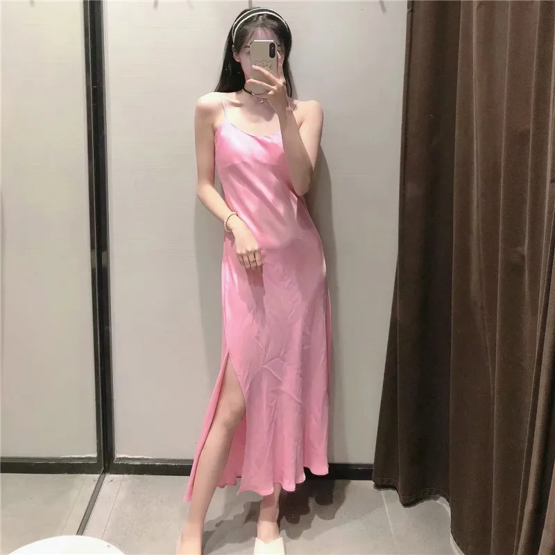 

TRAF Za Strap Dress Woman Pink Camisole Satin Long Dresses Women Summer Backless Slip Sexy Party Dresses Ladies Slit Midi Dress