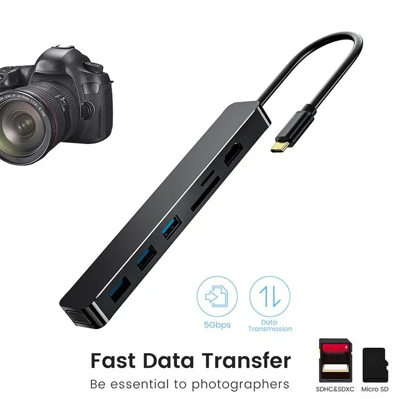

7 in 1 Type C HUB USB C to VGA/HDMI-Compatible 3 USB 3.0 Ports SD//TF Card Reader USB C Adapter for MacBook