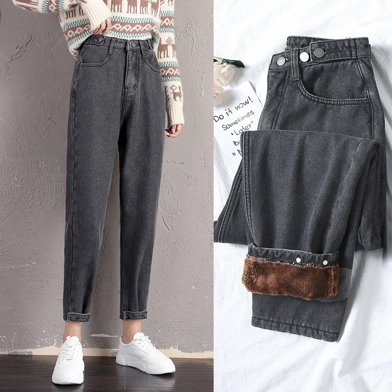 

Jeans Women's Winter Slimming Warm Raddish Dad Jeans High Waist Loose Ankle-length Fleece Lined Ankle-tied Pants Rac