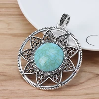 2 pieces tibetan silver large flower faux stone round charms pendants for necklace jewellery making 55x55mm