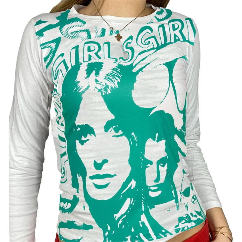 

2021 Fashion Women Crop Tops Letters Human Face Print O-Neck Long Sleeve T-Shirt Ladies Pullover For Streetwear