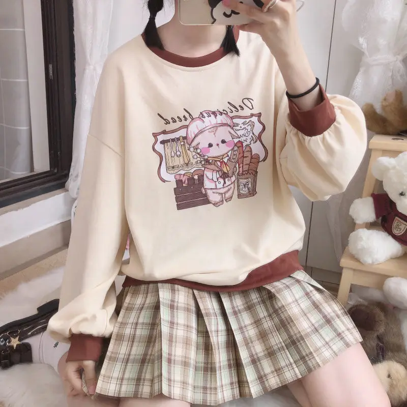 

Women Cute Style Crew Neck Long Sleeve Loose Tops Kawaii Anime Sweatshirt Soft Girl Pullover 2021 Female Fashion Korean Jumper